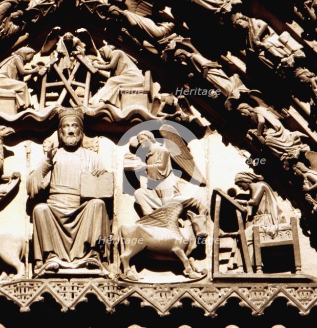 Detail of the Sculptures of the tympanum in the door of the Sarmental, Burgos Cathedral, Christ d…