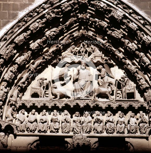 Detail of the Sculptures in the tympanum of the Sarmental door of the cathedral of Burgos, it hig…