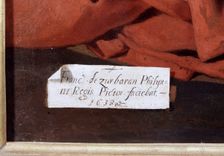 Detail of the signature of the painter Francisco de Zurbaran in the Adoration of the shepherds …