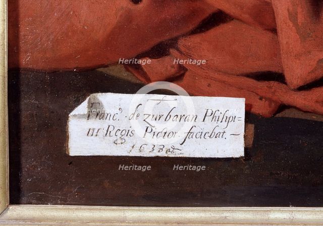Detail of the signature of the painter Francisco de Zurbaran in the 'Adoration of the shepherds' …