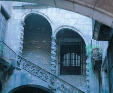 Detail of the staircase in the courtyard of the Dalmases Palace, Catalan baroque architecture fro…