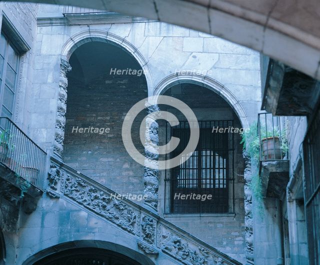 Detail of the staircase in the courtyard of the Dalmases Palace, Catalan baroque architecture fro…