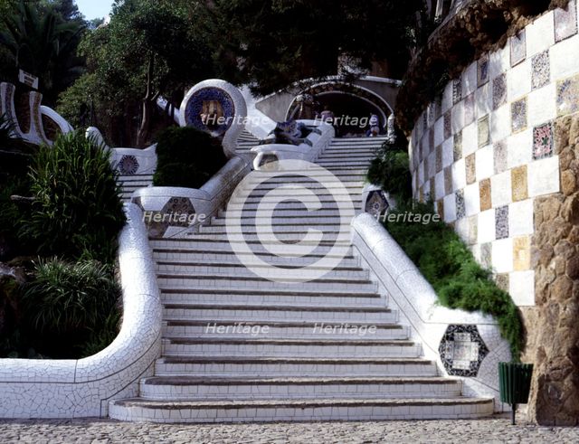 Detail of the staircase in the entrance to Park Guell, designed between 1900-1914 by the architec…