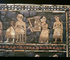 Detail of the standard of Ur showing a Sumerian Harpist and a Ruler, about 2600-2400 BC