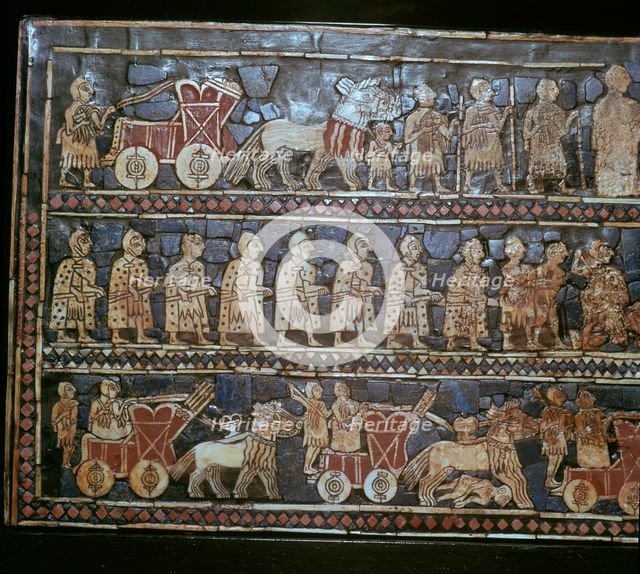 Detail of the Standard of Ur, showing chariots and soldiers, southern Iraq, about 2600-2400 BC. Artist: Unknown