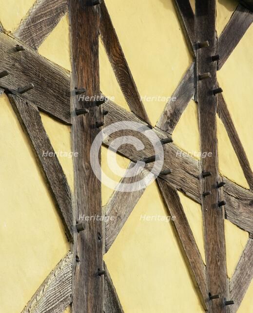 Detail of timber framing on the exterior of the gatehouse of Stokesay Castle, Shropshire, c2000s(?). Artist: Unknown.