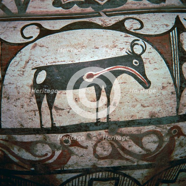 Detail of Zuni tribe Native American hunting magic on pottery. Artist: Unknown