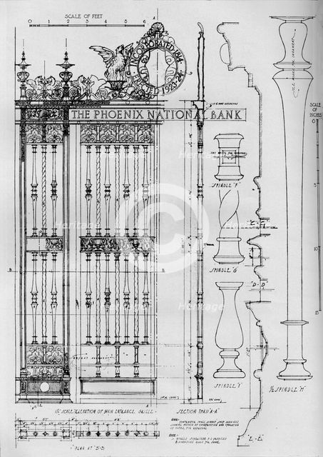 Detail drawing of the main entrance door grille, Phoenix National Bank, 1924. Artist: Unknown.