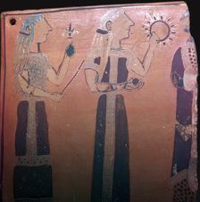 Detail from a Greek pot showing various deities, 7th century BC