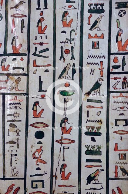 Detail from a mummy-case showing Horus and Osiris. Artist: Unknown