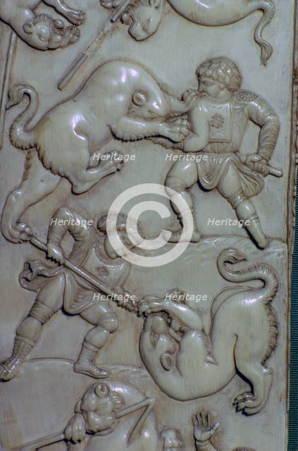 Detail from an ivory diptych of men fighting lions, 6th century. Artist: Unknown