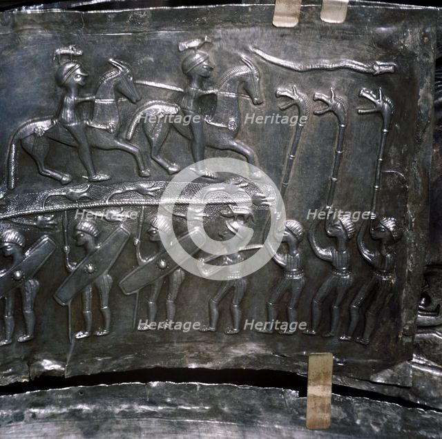 Detail from Gundestrup Cauldron, showing a procession with trumpets, Danish, c100 BC. Artist: Unknown