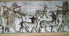 Detail from the Egyptian satirical papyrus of a fox playing the pipes and leading goats