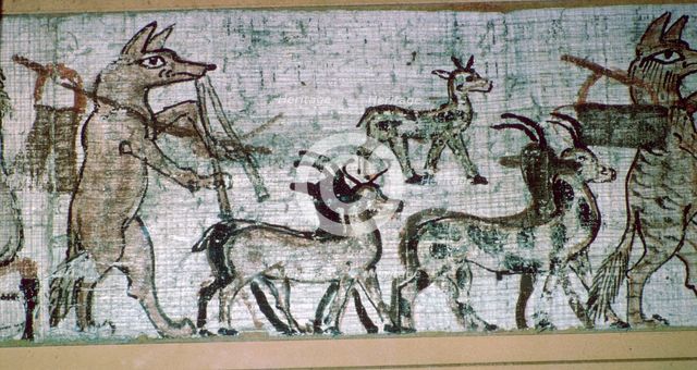 Detail from the Egyptian 'satirical papyrus' of a fox playing the pipes and leading goats. Artist: Unknown