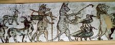 Detail from the Egyptian satirical papyrus of a fox playing the pipes and leading goats, and a cat