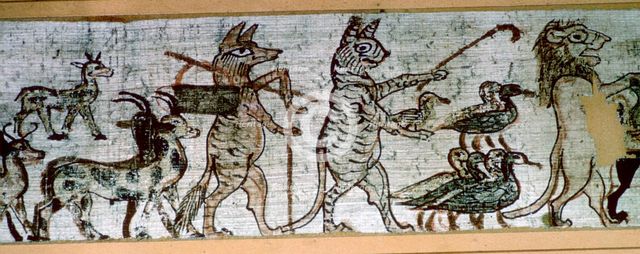Detail from the Egyptian 'satirical papyrus' of a fox playing the pipes and leading goats, and a cat Artist: Unknown