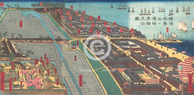 Detailed Print of Yokohama Hon-cho and the Miyozaki Pleasure Quarter, 4th month. 1860. Creator: Sadahide Utagawa.