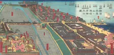 Detailed Print of Yokohama Hon-cho and the Miyozaki Pleasure Quarter, 4th month. 1860. Creator: Sadahide Utagawa