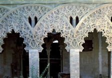 Details of the decoration of the columns arches in a room of the Aljafería Palace in Zaragoza