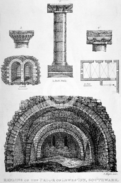 Details of the remains of Prior of Lewes' Inn, Tooley Street, Bermondsey, London, 1830.              Artist: Anon