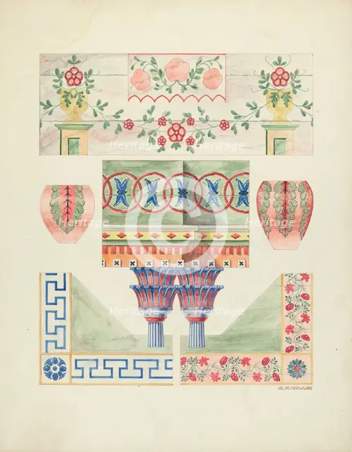 Details of Painted Decorations on Reredos and Walls, 1937. Creator: Randolph F Miller.