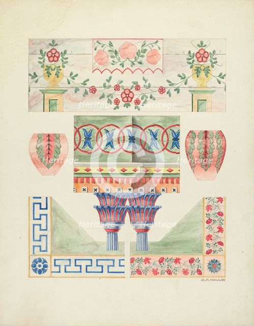 Details of Painted Decorations on Reredos and Walls, 1937. Creator: Randolph F Miller.