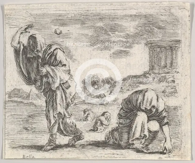 Deucalion and Pyrrha, from 'Game of Mythology' (Jeu de la Mythologie), 1644. Creator: Stefano della Bella.