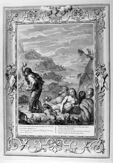 Deucalion and Pyrrha repeople the world by throwing stones behind them, 1733. Artist: Bernard Picart