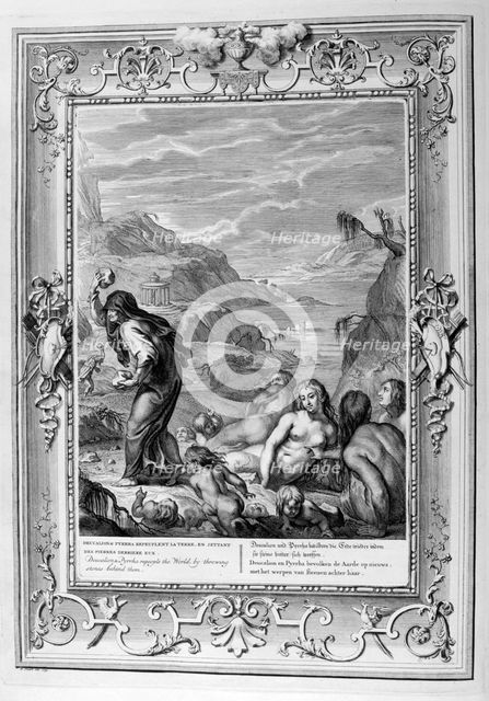 Deucalion and Pyrrha repeople the world by throwing stones behind them, 1733. Artist: Bernard Picart