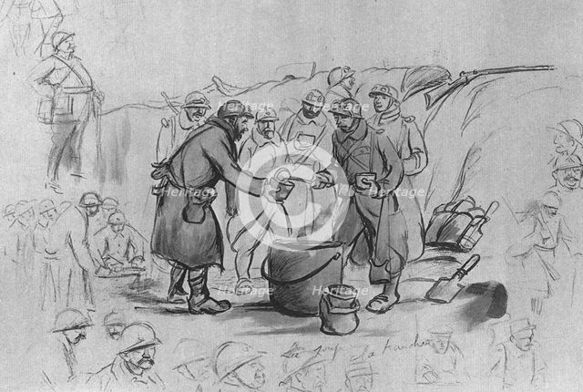 'Deux pages de l'album de sem : la soupe a la tranchee', 1916. Creator: Georges Goursat.