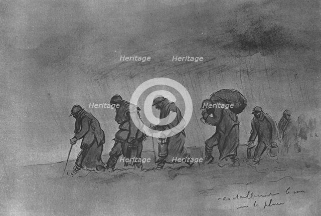 'Deux pages de l'album de sem : "quelques croquis de guerre"; Ravitaillement le soir..., 1916. Creator: Georges Goursat.