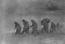 Deux pages de l'album de sem : "quelques croquis de guerre"; Ravitaillement le soir..., 1916. Creator: Georges Goursat