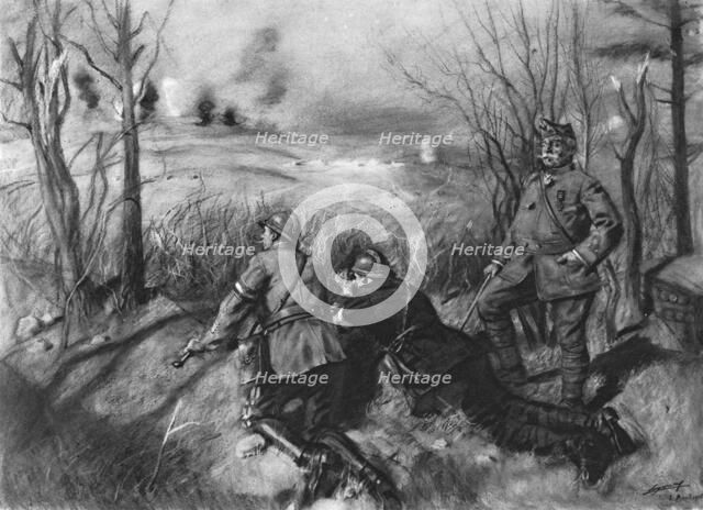 'Devant Douamont; Le general B. et deux commandants, officiers de liaison, le tir de..., 1916. Creator: Lucien Jonas.