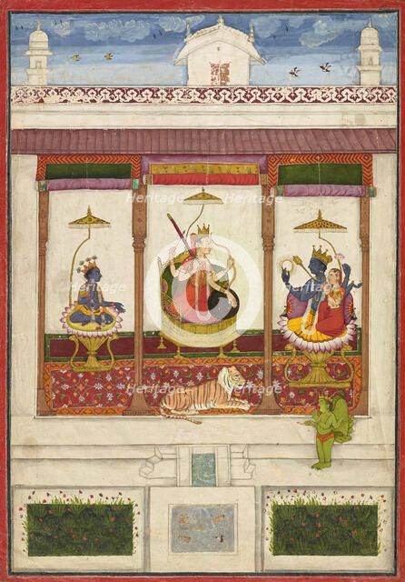 Devi with Krishna and Vishnu in a Palace, ca. 1645-1655. Creator: Unknown.