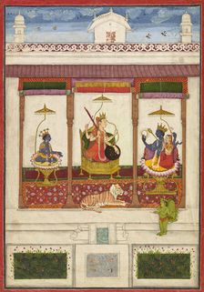 Devi with Krishna and Vishnu in a Palace, ca. 1645-1655. Creator: Unknown