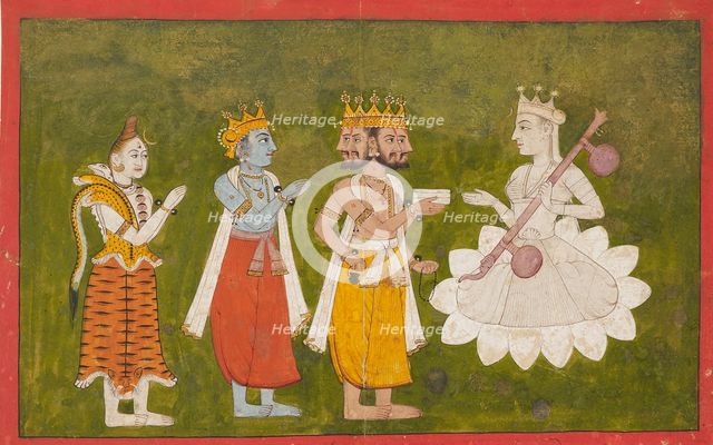 Devi revered by Brahma, Vishnu, and Shiva, c1710. Artist: Unknown.