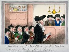 Devotion in Duke's Place or contractors returning thanks for a loan c1818. Artist: Anon