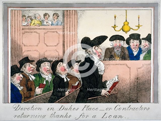 'Devotion in Duke's Place or contractors returning thanks for a loan', c1818. Artist: Anon