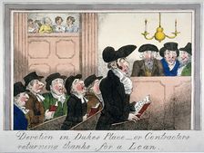 Devotion in Duke's Place or contractors returning thanks for a loan c1818. Artist: Anon
