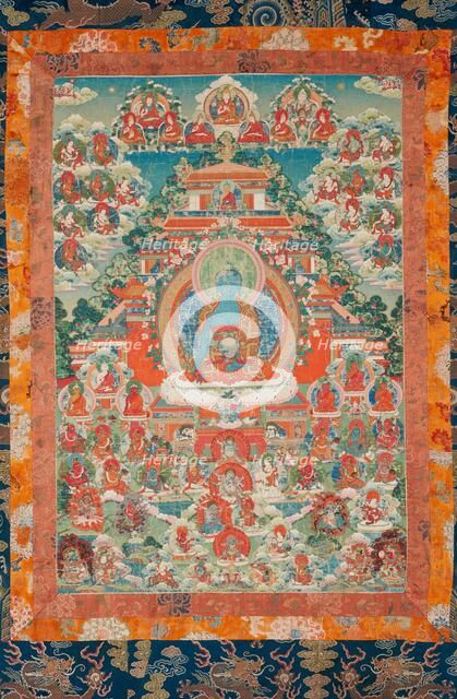 Devotional hanging depicting Medicine Buddha (Bhai?ajyaguru) and Buddhist deities, 1750-1800. Creator: Unknown.