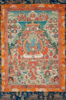 Devotional hanging depicting Medicine Buddha (Bhai?ajyaguru) and Buddhist deities, 1750-1800. Creator: Unknown