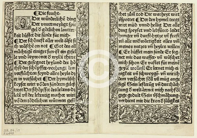 Devotional passages with ornamental borders from Andächtig...1493...assembled 1929. Creators: Unknown, Konrad Dinckmut, Bertold of Regensburg, Wilhelm Ludwig Schreiber.