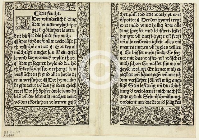 Devotional passages with ornamental borders from Andächtig...1493...assembled 1929. Creators: Unknown, Konrad Dinckmut, Bertold of Regensburg, Wilhelm Ludwig Schreiber.