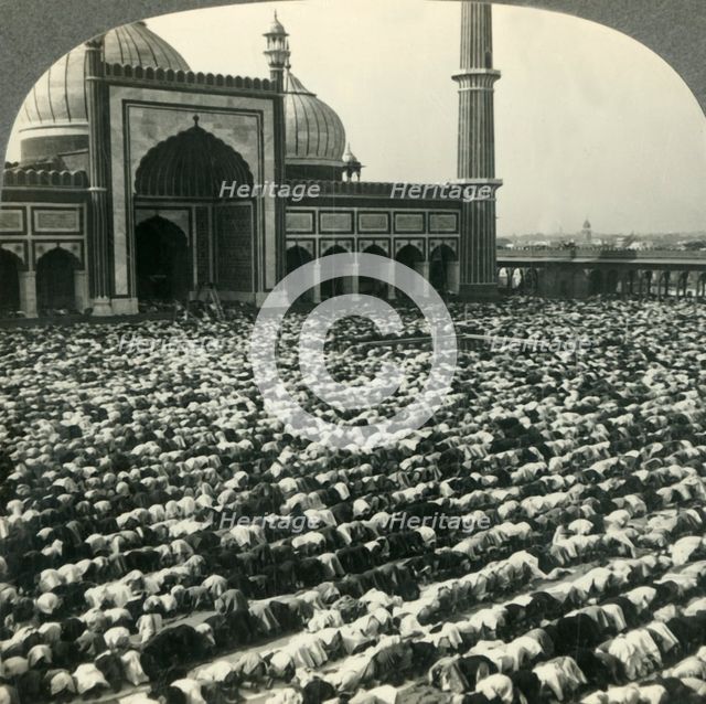 'Devout Mohammedans Prostrate at Prayer Time - Jama Masjid, India's Greatest Mosque, Delhi', c1930s. Creator: Unknown.