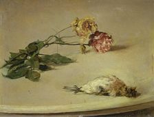 Dead Bird and Two Roses on a Table Board, 1882. Creator: Louis Eysen