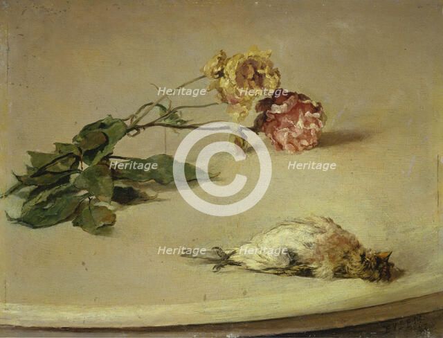 Dead Bird and Two Roses on a Table Board, 1882. Creator: Louis Eysen.