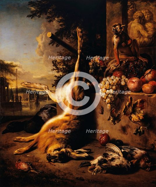 Dead game, monkey and fruit in front of a landscape, 1709. Creator: Jan Weenix.
