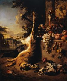 Dead game, monkey and fruit in front of a landscape, 1709. Creator: Jan Weenix