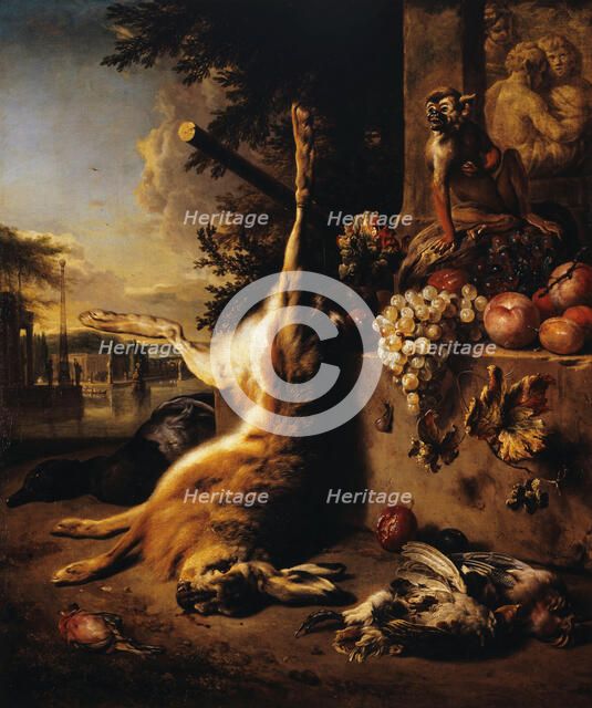 Dead game, monkey and fruit in front of a landscape, 1709. Creator: Jan Weenix.
