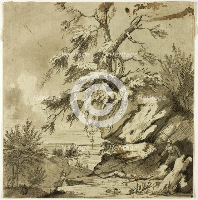 Dead Man, Brigand and Fleeing Child on Rocky Bluff, n.d. Creator: Unknown.